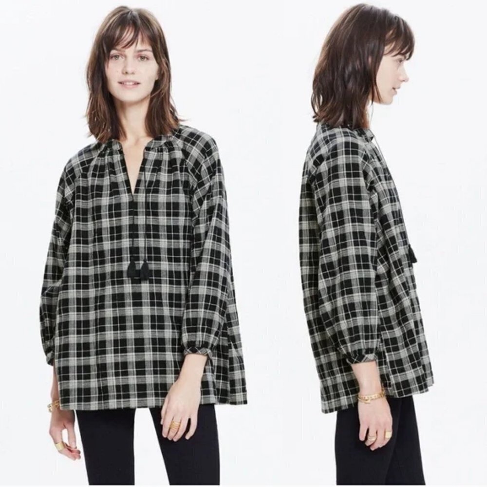 Madewell Camelia Navy & White Cotton & Linen Plaid Peasant Sleeve Blouse / Shirt